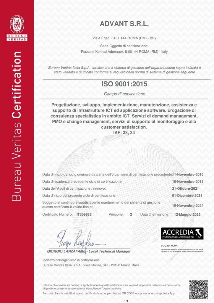 Certificate IT309933 ADVANT S.R.L ISO 9001 REV.2 .ITA